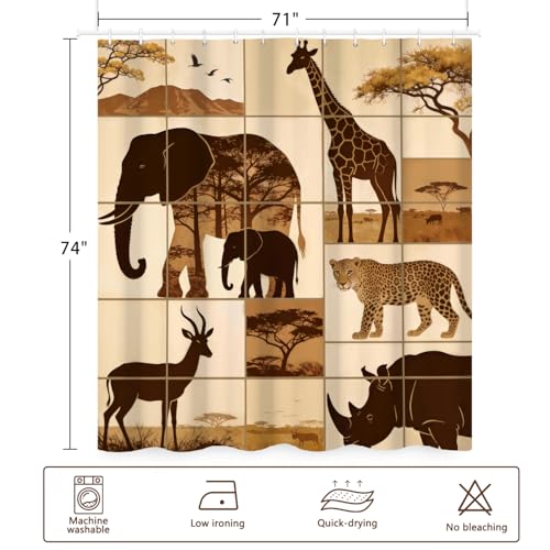 Fabric Shower Curtain with Hooks, Waterproof & Washable & Polyester, Brown Nature African Jungle Animal Shower Curtains for Bathroom, Elephant Giraffe Leopard Bathroom Curtain, House Gift, 71x74 Inch - color: African Safari Animal