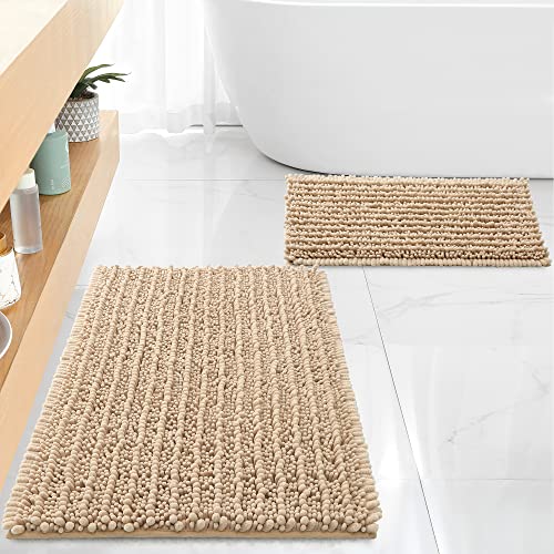 FLOLEOPA Luxury Chenille Beige Bathroom Rugs Bath Mats Sets, Extra Soft and Absorbent Bathroom Rugs Non Skid Machine Wash Dry Bath Mats（32"x20" Plus 17"x24"） - color: Beige, size: 32"x20" Plus 17"x24"