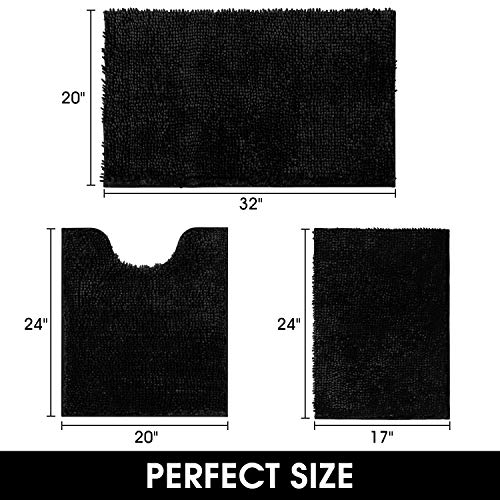 HOMEIDEAS Black Bathroom Rugs Sets 3 Piece, Butter Chenille Rugs and Mats, Shaggy, Absorbent, Non Slip, Luxury, Shiny, Washable Bath Mat for Bathroom, Shower - color: Black, size: 17"x24"+20"x32"+U Shape 20"x24"