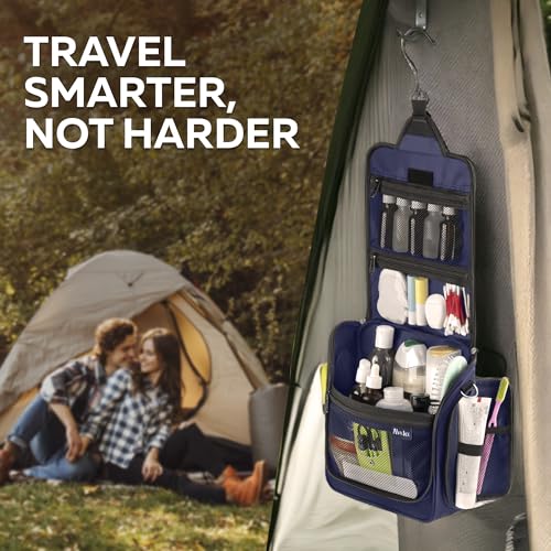 Extra Large (11.8”x11.8”x4”) Hanging Travel Toiletry Bag for Men and Women - Cosmetic Travel Bag With Shoulder Strap - Waterproof Hygiene Bag with Metal Swivel Hook and 19 Compartments for Toiletries - color: XXL Navy Blue