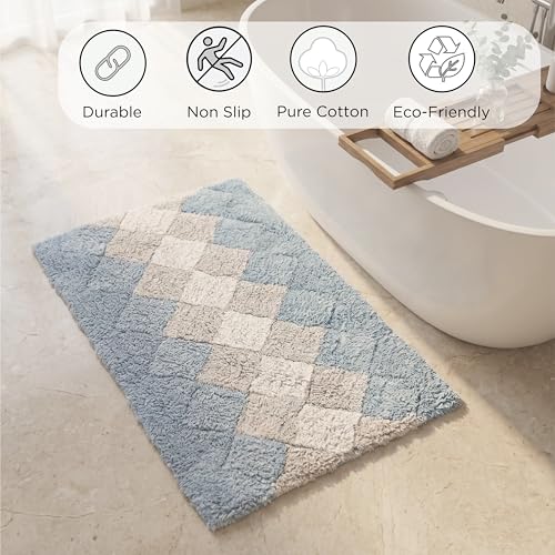 THE BEER VALLEY Set of 2 Albany Bath Rug 21x32/17x24 Inch - Blue | Non Slip Cotton Absorbent Bathmat for Bathroom, Washable Soft Toilet Bathrug - color: Blue Combo