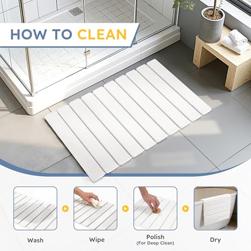 Large Foldable Stone Bath Mat,Diatomaceous Earth with Non-Slip and Super Absorbent, Dry Mat with Quick Dry for Bathroom,Easy to Clean（23.6" Lx15.35 W,White） - color: White