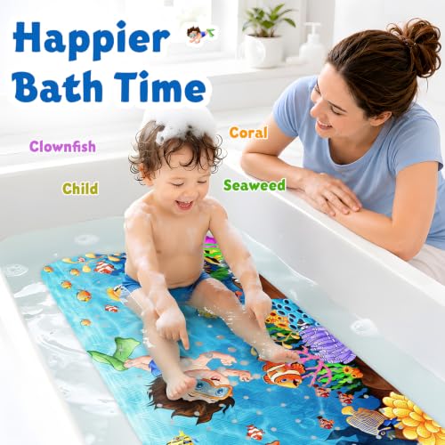 XIYUNTE Baby Bath Mat for Tub Non Slip Kids Bath Mat - 40''x16'' Extra Long Cartoon Bathtub Mat Non Slip Kids Shower Mat Eco-Friendly Toddler Bath Mats with Suction Cups, Machine Washable - color: E-child