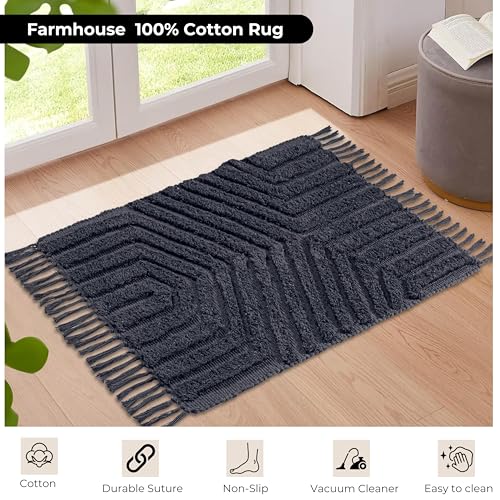 Boho Bathroom Rug 2' x 3', Washable Hand-Woven Tufted Cotton Rug with Tassels for Entryway 24x36 inch, Foyer, Bedroom, or Kitchen - Dark Grey - color: Dk Grey, size: 2' x 3' (Rectangular)