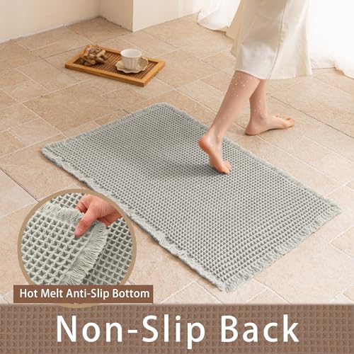 Waffle Bath Mat Non Slip, Boho Bathroom Rug, Super Absorbent Quick Dry Bathroom Mat, Soft Farmhouse Bath Rug with Tassels, Small Washable Shower Mats for Floor 20"x32", Light Grey - color: Light Grey, size: 1'8" x 2'8" (Rectangular)