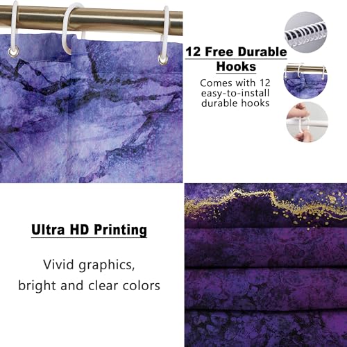 Poedist 4 Pcs Gold Edge Marble Bathroom Shower Curtain Set, Bathroom Sets with Shower Curtain and Rugs(Bath Mat,U Shape and Toilet Lid Cover Mat) and 12 Hooks-Purple - color: Purple Yellow
