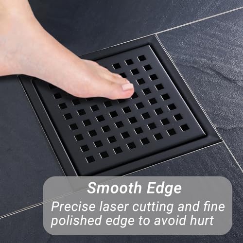 4 Inch Square Shower Floor Drain, Stainless Steel Black Shower Drain Kit with Flange, Floor Drain with Removable Grid Cover,Matte Black - color: Matte Black, size: 4 inch-Grid