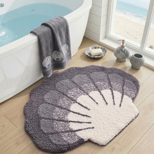 DEXI Seashell Bathroom Rugs Non Slip Washable, 38x30 Ultra Soft Cute Bath Mats for Bathroom Absorbent Quick Dry, Coastal Sea Bathmat for Shower Floor, Tub, Sink, Grey - color: Scallop Grey-large