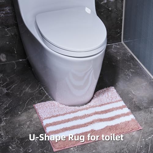 3 Piece Soft & Absorbent Microfiber Striped Bathroom Rug Set - U-Shaped Toilet Rug, Non-Slip Rubber Bottom, Quick Dry, Pink - color: Pink