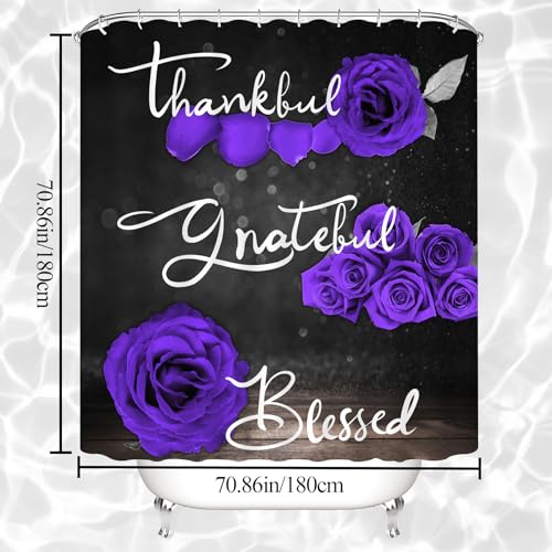 4Pcs Purple Rose Shower Curtain Sets, Thankful Grateful Blessed Bathroom Curtain with Non-Slip Rug, Toilet Lid Cover, Bath Mat and 12 Hooks, Romantic Showy Floral Wedding Decor for Bath, 72 x 72 inch - color: Purple