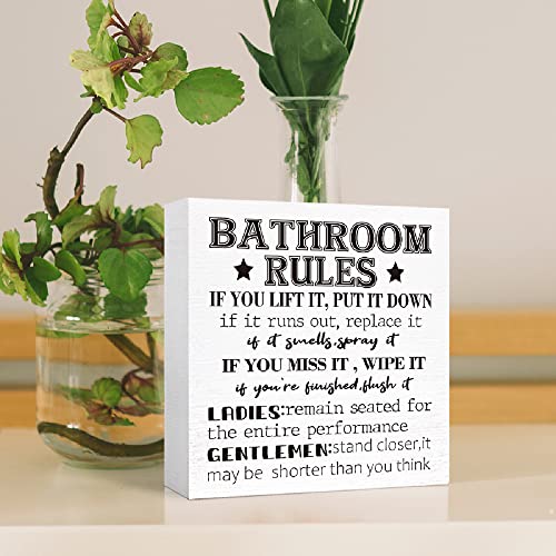 SJNH Bathroom Rules Sign Wood Block for bathroom shelf decor | ﻿ Funny Bathroom Signs Wooden Box for Shelf Washroom Toilet Restroom Shelves Decor 5"L x 5"W x 1.1"H - color: White