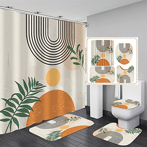 LQCOOL Mid Century Shower Curtain Set Boho Shower Curtain Set with Rugs,Abstract Bathroom Decor Accessories Waterproof Shower Curtain for Bathroom with Mat Retro Orange - color: Beige