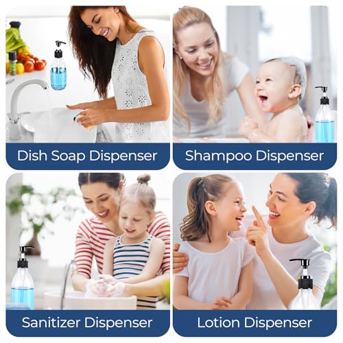 8 oz Clear Glass Pump Bottle, 250ml Small Lotion Dispenser Bottle for Body Massage Oil, Refillable Empty Hand and Dish Soap Dispensers Set with Labels - 3 Pack - color: Clear