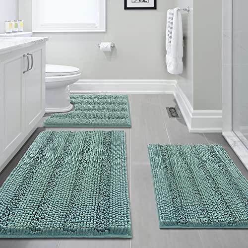 H.VERSAILTEX 3 Piece Bathroom Rugs Sets Thick Striped Bath Rugs Set for Bathroom Non Slip Soft Absorbent Bath Mat Set for Tub, Shower and Toilet(17''x24''+20''x32''+20''x24'' U-Shaped, Eggshell Blue) - color: Eggshell Blue