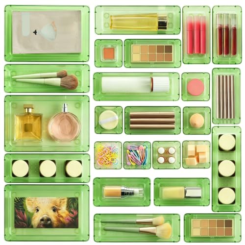 Vtopmart 25 PCS Clear Plastic Drawer Organizers Set, 4-Size Versatile Bathroom and Vanity Drawer Organizer Trays, Storage Bins for Makeup, Bedroom, Kitchen Gadgets Utensils and Office - color: Clear Green