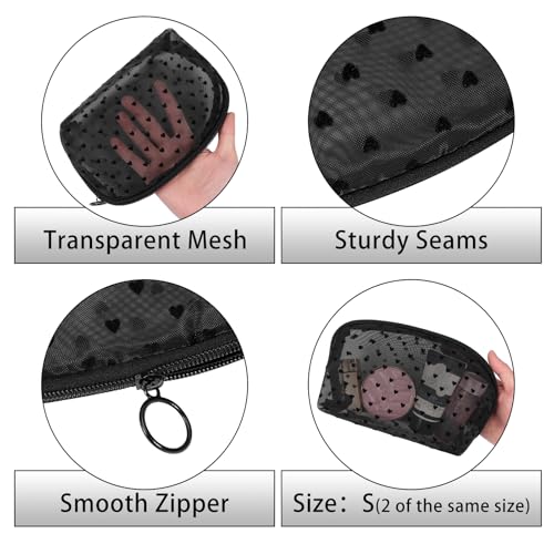 6 Pieces Zipper Mesh Makeup Bags Set, Nylon Cosmetic Bags Portable Clear Toiletry Bas Travel Organizer Bags for Office Travelling Organization (Black Heart Printed, Assorted Size) - color: Black Heart Printed