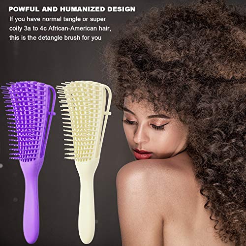 2 Pieces Detangling Brush for Afro America/African Hair Textured 3a to 4c Kinky Wavy/Curly/Coily/Wet/Dry/Oil/Thick/Long Hair, Knots Detangler Easy to Clean (Beige, Purple) - color: Beige, Purple