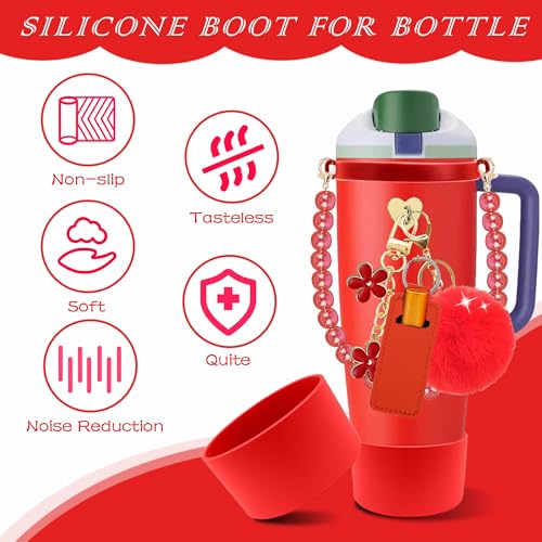 Compatible for Owala Accessories Bundle: Silicone Boot for FreeSip Sway 30oz & 40oz Bottles, Charms, Pearl Handle Strap, Rubber Bottom & Decorative Add-ons - color: Red Scarlet