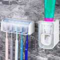 5 Slots Wall Mount Toothbrush Holder with Cover, Self Adhesive Toothbrush Storage Organizer for Shower, Toothbrush Hanger with Automatic Toothpaste Squeezer Dispenser(White + Blue) - color: White + Blue Combination