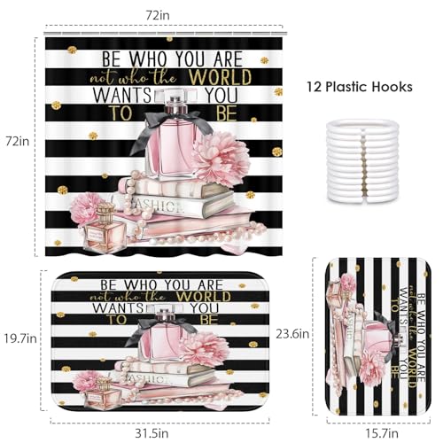 ArtSocket Woman Girl Inspirational Quotes Bathroom Set with Shower Curtain and Bath Rugs and Accessories,Pink Fashion Floral Non-Slip Shower Curtain Set,Bathroom Decor 3 Pcs - color: Pink Fashion Floral
