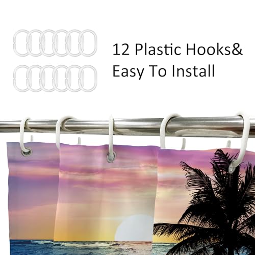Newsely Ocean Sunrise Shower Curtain 72Wx72H Inch Beach Tropical Palm Tree Hawaiian Sunset Coastal Scenery Sea Wave Shower Curtain Bathroom Set Summer Waterproof Bath Decoration Accessories Home Decor - color: A-01beach Purple, size: 72"W x 72"L (Pack of