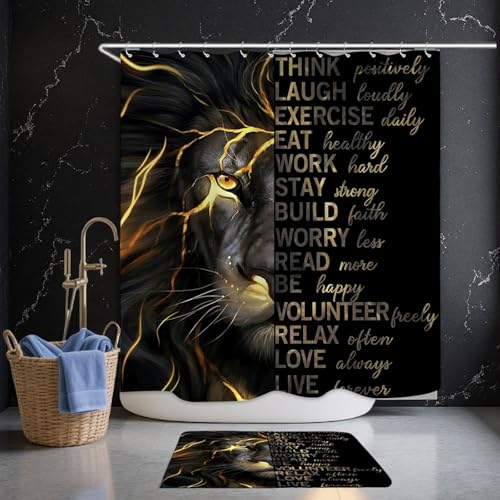 4 Pcs Black Gold Lion Shower Curtain Set with Rugs and Toilet Lid Cover, Inspirational Quotes Waterproof Fabric Bathroom Set, Black Lion Shower Curtain Bathroom Decor Set Accessories with 12 Hooks - color: Black Gold Lion