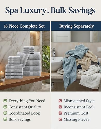 LANE LINEN 100% Cotton Turkish Towel Set for Bathroom - 16 Piece - Super Soft, Quick Dry & Highly Absorbent - 4 Bath, 8 Wash Cloths, 4 Hand Towels - Hotel Quality, Durable & Oeko-TEX Certified - Grey - color: 01: Space Grey