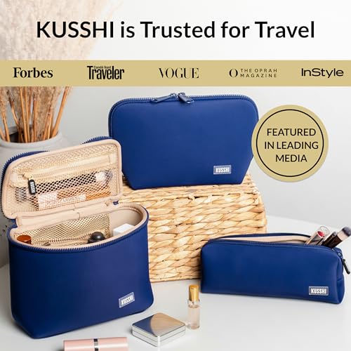 KUSSHI Neoprene Train Case Makeup Bag - Washable Makeup Travel Bag & Vanity Case for Stress Free Travel (Small, Navy/Khaki) - color: Navy/Khaki, size: Small