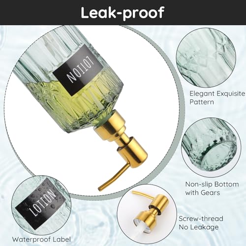 Segbeauty 15.2oz Glass Shampoo and Conditioner Dispenser with Label Stickers, 2pcs Green Glass Soap Dispensers with Stainless Steel Pump, 450ml Lotion Pump Bottle Liquid Containers for Cream Body Wash - color: Green Gold, size: 15.2oz/450ml