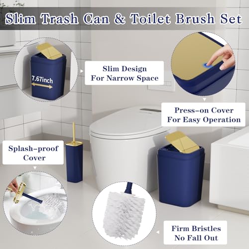 Bathroom Set - 11PC Bathroom Accessory Set, Bathroom Accessories Set, Blue Bathroom Set, Push-lid Trash Can, 3PC Soap Dispensers, Toilet Brush & Q-tip Holders - color: Navy Blue & Gold, size: Bath Set
