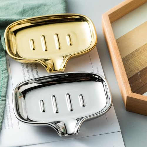 Multi-Color Ceramic Soap Dish for Kitchen or Bathroom, Easy to Clean, Self Draining Soap Holder, Keeps Soap Dry (Gold) - color: Gold