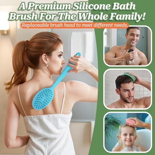 Silicone Face & Back Scrubber Set, Manual Face & Body Scrubber Exfoliator with Soft Bristles and Non-Slip Handle, Back Brush Bath Brush with 2 Detachable Brush Heads(3PCS Blue Set) - color: 3*blue Set
