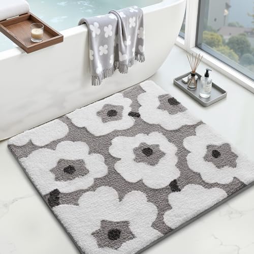 LUMI Floral Bath Mat, Soft Absorbent Square Bath Rug, Non-Slip Quick Dry Luxury Rug, Machine Washable Rugs for Bathroom Floor, Bathtub, Living Room, Home Decor, White Grey, 32"x32" - color: A-flower White, size: 32"x32"(Square)