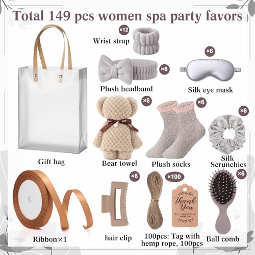 6 Set Spa Gifts Bulk for Women, Sleepover Party Favors Supplies for Bridesmaid Bridal Shower Wedding Guests Baby Shower Birthday Gift with Towels Socks Hair Tie Clip Eye Masks(Light Brown) - color: Light Brown