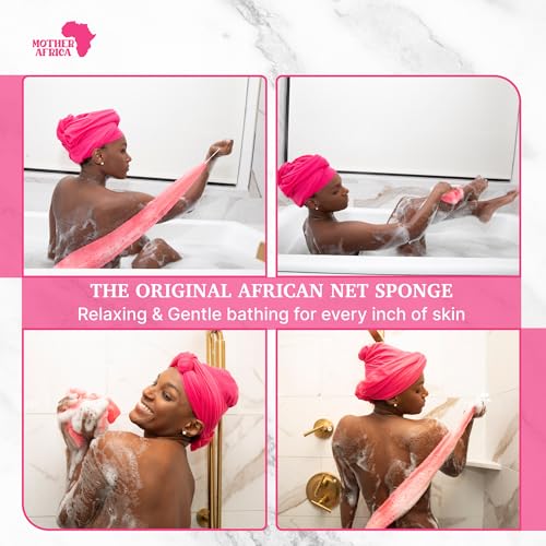 MOTHER AFRICA African Net Sponge Authentic with Knots 2 Pack Black Owned Exfoliating Body Scrubber Bath Sponge for Shower Washcloth Loofah Gentle Deep Cleansing Back Scrubber Face & Body Men & Women - color: Purple & Bright Pink