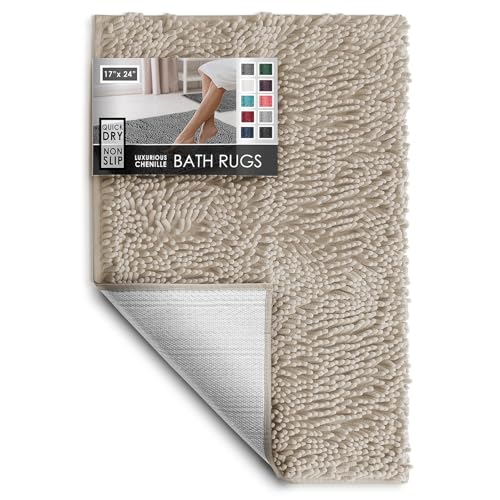 Hearth & Harbor Bathroom Rugs, Chenille Bath Mat - Machine Washable Bath Mats for Bathroom Non-Slip Backing Rubber, Quick Dry Bathroom Mat - color: Beige, style: 17 x 24