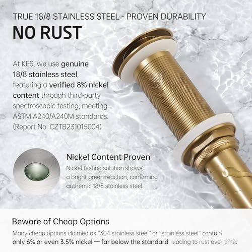 KES All-Metal Pop Up Bathroom Sink Drain, Extended Thread for Thicker Vessel Sinks & Countertops, Durable Brass & Stainless Steel, No Overflow, Brushed Gold, S2022D-BZ - color: Brushed Gold, style: NO Overflow, Long Thread
