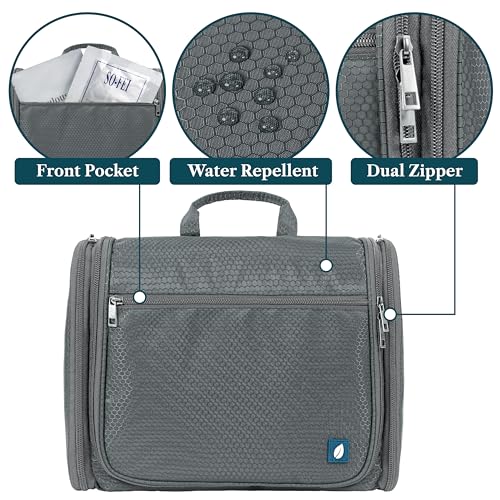 PAVILIA Large Hanging Toiletry Bag for Women Men, Travel Cosmetic Organizer with 10 Compartments, Swivel Hook and 3 Leakproof Pockets, Water Resistant Makeup Case, Packs Flat, Black - color: Grey
