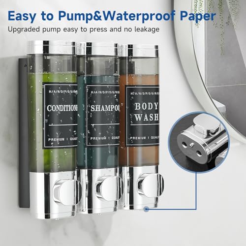 Unisense Shower Soap Dispenser 3 Chamber No Drill Shampoo and Conditioner Dispenser Wall-Mounted Shampoo Dispenser for Shower Wall Mounted Shower Dispenser for Bathroom Hotel Large Capacity,Chrome - color: Chrome