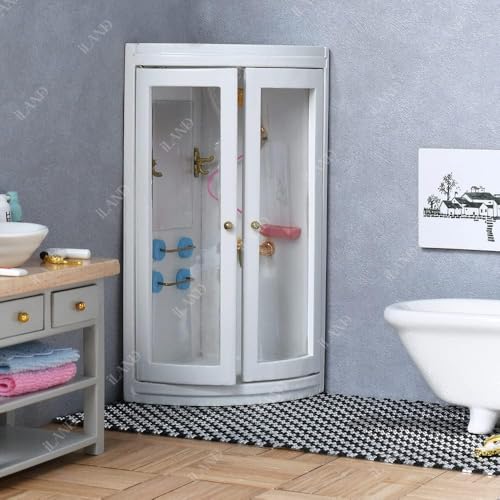 iLAND Dollhouse Furniture and Accessories 1/12 Scale of Dollhouse Bathroom Set incl Ceramic Dollhouse Toilet & Bathtub & Wooden Bathroom Cabinet with Sink (Modern 7pcs)