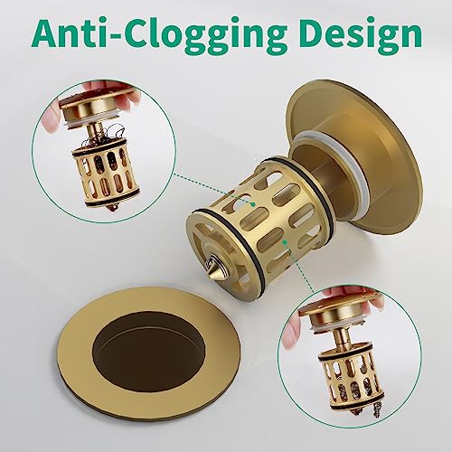 Bathroom Pop up Drain Without Overflow, Anti-Clogging Vessel Sink Drain Strainer, Pop Up Drain with Detachable Basket, Hair Catcher Bathroom Sink Drain Stopper(Brushed Gold, No Overflow) - color: Brushed Gold, size: No Overflow