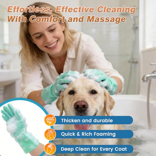 7PCS Dog Washing Gloves | Dog Bath Brush | Storage Bag | Dog Finger Toothbrush for Short & Long Haired Dogs & Cats | Efficient Deshedding Bathing & Massaging, Suitable for Pets (Sage Green) - color: Sage Green