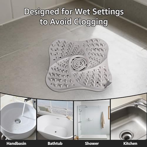 Silicone Hair Catchers Drain Screens 2-Pack, 5.31-inch Square Shower Drain Protectors Strainers with Suction Cup Suit for Showers, bathrooms, Sinks, Floor drains (Grey)