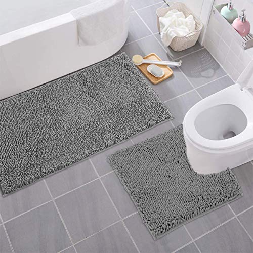 Bathroom Rugs Sets 2 Piece, Luxury Chenille Bath Mat Set, Soft Plush Anti-Slip Bath Rug + U-Shaped Toilet Mat. Microfiber Shaggy Carpet, Super Absorbent (24” x 36” & 20” x 24” U, Light Grey) - color: Light Grey, size: 2 Piece Set - Large