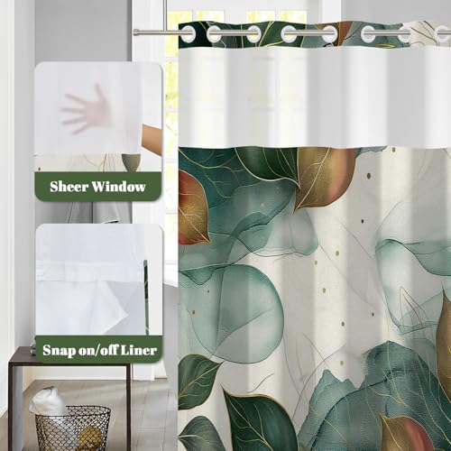 Abstract Botanical Shower Curtain with Snap in Liner - Boho Green Leaf Art Print Bathroom Shower Curtain No Hooks, Waterproof Double Layer Bath Curtain with Mesh Top Window, 71″W x 74″L - color: Cyan Leaves