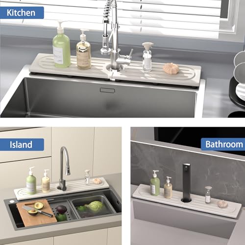 Stone Faucet Mat for Kitchen Sink, Water Absorbing Sink Water Splash Guard, Fast-Drying Kitchen Sink Faucet Mat, Durable Protector and Stone Drying Mat for Kitchen Counter & Bathroom Sink - color: White Gray Style 2, size: 20" x 4"