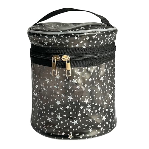 Waterproof Black Star PVC Makeup Bag - 7.1x6.3in Barrel Cosmetic Organizer with Zipper, Portable Toiletry Pouch for Women & Men (Black) - color: Black