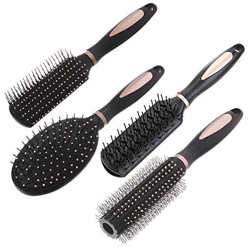 Pack of 4 Anti-Static Hair Tools for Women, Men & Kids: Oval Comb, Round Vent Brush, Detangling Paddle Brush for Wet/Dry Hair Massage & Shine, QXDAI-10