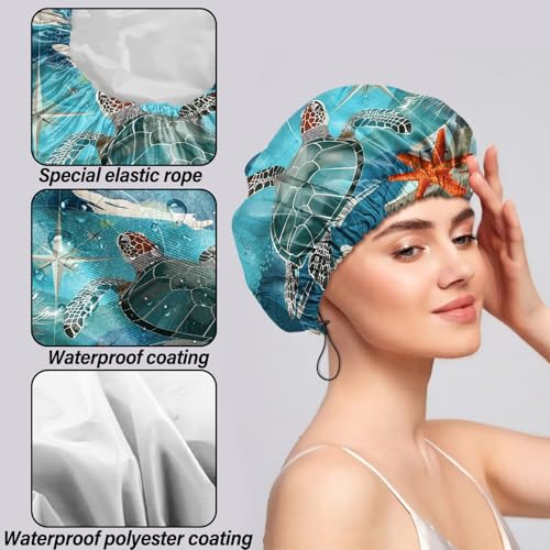 2 PCS Shower Cap Reusable Waterproof Double Layers Hair Caps Shower Bath Adjustable Elastic Hat for Women Girls Cute Aesthetic-Beach Sea Turtle - color: AI19-Beach Sea Turtle