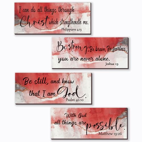 ZONWUTHY 4 Pcs Red Bathroom Decor Christian Wall Art Abstract Bible Verse Wall Decor Rustic Inspirational Wood Bathroom Accessories For Bedroom Kitchen Office(10 x 4 Inches, Red) - color: Red